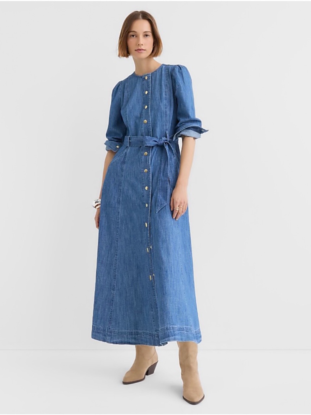 LOFT Blue Denim Button-Front Maxi Dress with Tie Belt